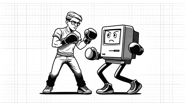 Comical cartoon of man boxing an anthropomorphised computer